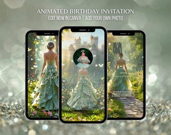Fairytale Princess Birthday Invitation Video Sage Green Theme Quinceañera Digital Invite Sweet 15 Animated Invitation Editable Template