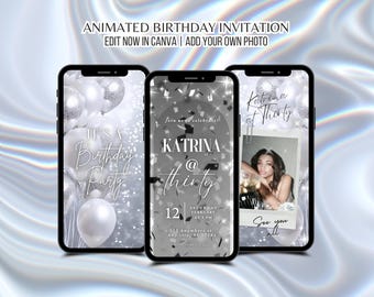 Animated Silver Birthday Party Invitation Video Sparkling Birthday Dinner Invitation Digital Template White & Silver Themed Party Invite
