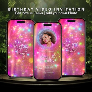 Neon Sparkling Glitter Animated Birthday Invitation Video Rainbow Pink Invitation for Girl Custom Editable Template Digital Invite