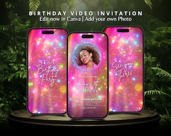 Neon Sparkling Glitter Animated Birthday Invitation Video Rainbow Pink Invitation for Girl Custom Editable Template Digital Invite