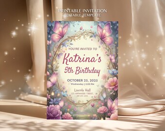 May include: A printable invitation template for a 5th birthday party. The design features a floral and butterfly theme with pink, purple, and blue hues. The invitation includes the text "You're Invited to Katrina's 5th Birthday" and event details.