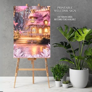 Cartello di benvenuto personalizzato per festa di compleanno con fata rosa, cartello di benvenuto per festa di compleanno con cavalletto nella foresta incantata, modello modificabile, poster