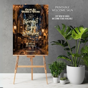 Custom Birthday Welcome Sign Wizard Party Welcome Easel Board Printable Editable Template School of Magic Party Sign Wizard Party Decor