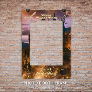 May include: A photo booth frame with a Harry Potter theme. The frame is decorated with a brown owl, a black witch's hat, a wand, and a cauldron. The text "Welcome Wizards & Witches" is at the top of the frame. The text "Harry's Eight Birthday" is at the bottom of the frame.