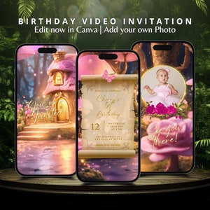Invito di compleanno animato per la festa di compleanno della fata della foresta incantata, casa con fungo rosa, video di invito per la festa di compleanno della principessa, fata principessa 1° compleanno