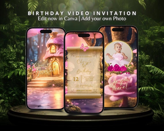 Enchanted Forest Fairy Pink Mushroom House Animated Birthday Invitation Princess Birthday Party Invitation Video Fairy Princess 1st Birthday