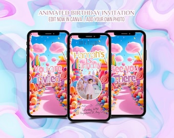 May include: Three smartphones displaying a colorful birthday invitation. The invitation features a candy-themed design with a photo of a child. Text includes "You are invited," "Hannah's 1st Birthday," and event details. The background is a whimsical candy land.