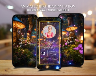 Aangepaste geanimeerde video magisch bos verjaardagsuitnodiging sprookjesland paddenstoel betoverd bos bewerkbare sjabloon verjaardagsuitnodiging voor meisjes