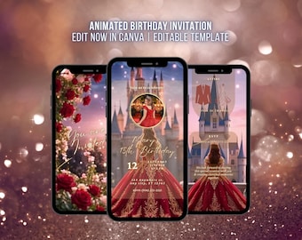 Red Princess Quinceañera Video Invitation Sweet 15 Birthday Invite Fairytale Princess Animated Digital Invite Editable Template in Canva