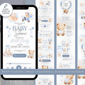 Puede incluir: Una invitación digital para un baby shower que se muestra en un teléfono inteligente. El diseño presenta osos de peluche, estrellas y un esquema de color azul. La invitación incluye detalles del evento y el texto "RSVP Trackable | Music | Countdown | Instruction Included."