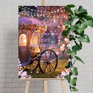 Letrero de bienvenida de cumpleaños con carruaje de cuento de hadas de princesa, tablero de caballete de princesa, póster de bosque encantado, decoración de fiesta, letrero de bienvenida editable