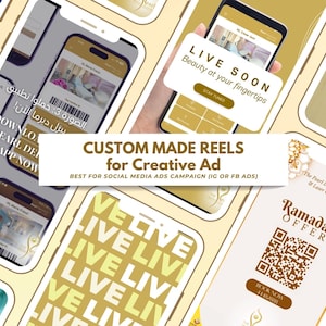 May include: A promotional image featuring multiple smartphones displaying app interfaces. The screens showcase text like "LIVE SOON" and "Ramadan OFFER", along with the text "CUSTOM MADE REELS for Creative Ad". The color scheme is gold and white.