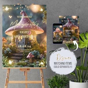 Cartello di benvenuto della casa dei funghi, giardino delle fate, cavalletto di benvenuto per compleanno, modello modificabile, poster di benvenuto nella foresta incantata, decorazione per feste delle fate