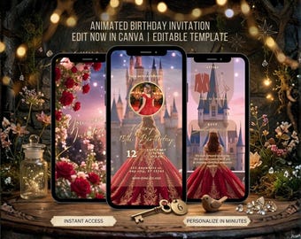 Red Princess Quinceañera Video Invitation Sweet 15 Birthday Invite Fairytale Princess Animated Digital Invite Editable Template in Canva