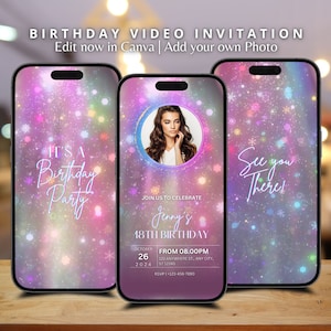 Custom Neon Sparkling Glitter Animated Birthday Invitation Video Rainbow Invitation Personalized Digital Video Invitation Editable Template