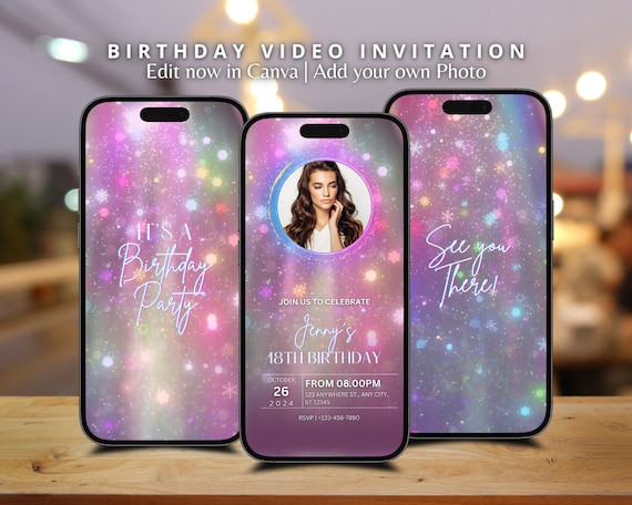 Custom Neon Sparkling Glitter Animated Birthday Invitation Video Rainbow Invitation Personalized Digital Video Invitation Editable Template