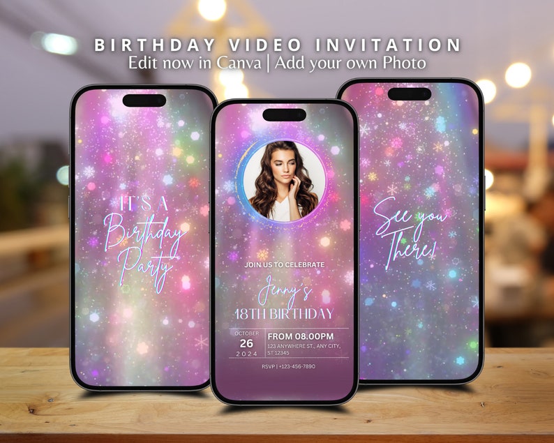 Custom Neon Rainbow Sparkling Glitter Animated Birthday Invitation Video