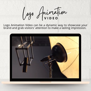 May include: A laptop screen displaying a video of a professional studio setup with lighting equipment. The text "Logo Animation Video" is displayed above the laptop.