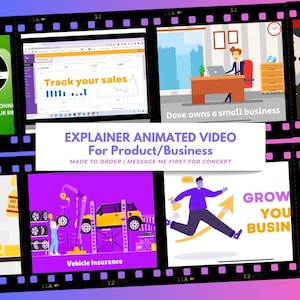 Peut inclure: Un collage de cadres vidéo animés pour la promotion de produits ou d'entreprises. Les cadres comprennent des graphiques de suivi des ventes, une personne à un bureau, une assurance automobile et une personne courant avec une flèche. Le texte comprend "Track your sales" et "Grow your business."