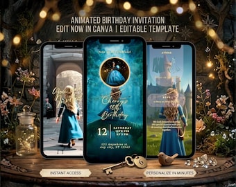 Woodland Princess Quinceañera Video Invitation Sweet 15 Birthday Digital Invite Fairytale Princess Animated Invitation Editable Template