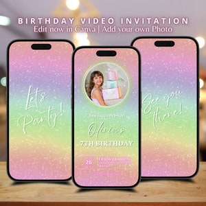 Rainbow Birthday Invitation Sparkling Glitter invitation template custom birthday video Invitation Editable Template