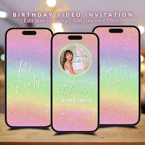 Invitación de cumpleaños arcoíris, plantilla de invitación con purpurina brillante, video de cumpleaños personalizado, plantilla editable