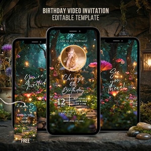 Invitación de cumpleaños personalizada con video animado de bosque mágico, jardín de hadas, casa encantada, bosque, plantilla editable, invitación de cumpleaños para niñas