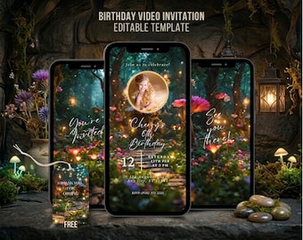 Anpassad animerad magisk skog födelsedagsinbjudan video älvträdgård förtrollad husskog redigerbar mall födelsedagsinbjudan för flickor