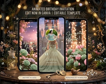 Sage Green Fairytale Princess Birthday Invitation Video 16th Birthday Custom Animated Invitation Quinceañera Invite Sweet Editable Template