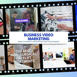 May include: A film strip graphic with various scenes. The scenes show medical equipment, laser treatments, and people working. Text includes "ENGAGING", "BUSINESS VIDEO MARKETING", and "THE BEST NON-SURGICAL FACELIFT TREATMENTS". The overall theme is business and medical services.