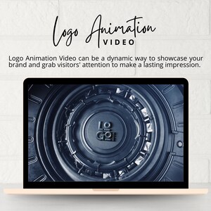 May include: A laptop computer displaying a video animation of a logo. The logo is a stylised "LOGO" in a circular design. The animation is a dark blue and grey colour scheme with a metallic texture.
