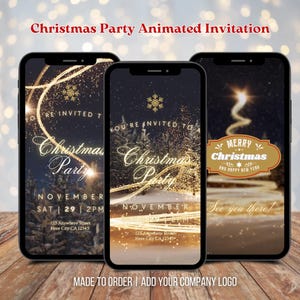 Custom Animated Christmas Party Video Invitation Gold Christmas Tree Animated Digital Invitation Company Year End Party Invitation