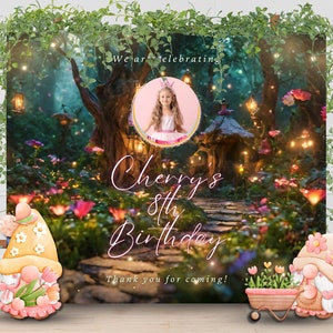 Sfondo di compleanno personalizzato con fata della foresta incantata, banner di compleanno con fata, casa nella foresta magica, decorazione per feste con principessa delle fate, modello modificabile