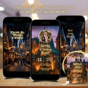 Könnte beinhalten: Animierte Geburtstagseinladung mit Harry-Potter-Thema. Die Einladung ist vor dem Hintergrund von Hogwarts mit goldenem Schein. Der Text lautet "Calling all Wizards & Witches" und "Hermy wird Acht!" mit Datum und Uhrzeit für die Party. Die Einladung ist kostenlos und druckbar.