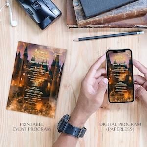 May include: Printable and digital event program for a Harry Potter themed party. The program features a Hogwarts castle illustration with a dark blue and gold color scheme. The text reads "Hermy's at Eighteen" and "Order of the Event".