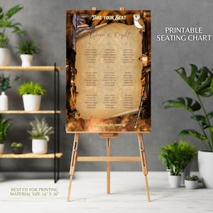 May include: Printable wedding seating chart with a whimsical owl and scroll design. The chart is printed on a parchment-like background with gold accents. The text reads "Take Your Seat" and "Olivia & Eight". The chart is 24 inches by 36 inches.