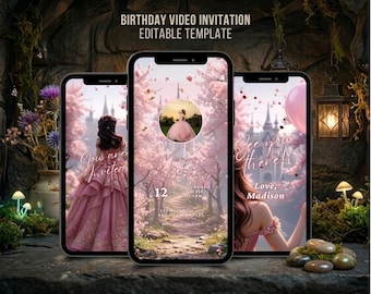 Pink Fairytale Princess Birthday Invitation Video 16th Birthday Custom Animated Invitation Quinceañera Invite Sweet 16 Editable Template