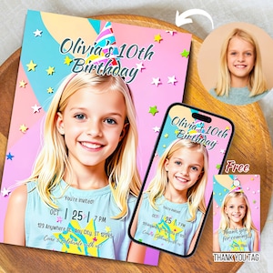 Invito di compleanno personalizzato con ritratto per bambini Ritratto personalizzato rosa da foto Invito di compleanno stampabile Ritratto personalizzato per compleanno