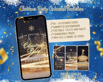 Editable Christmas Party Animated Invitation Gold Christmas Tree Invite Template Digital Download