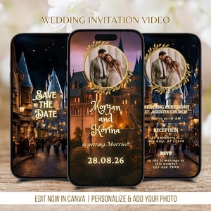 May include: A wedding invitation video template with a dark blue background and a castle silhouette. The text "Save the Date" is in gold lettering. The couple's names, "Morgan and Korina", are in gold lettering. The date "28.08.26" is in gold lettering. The text "Wedding Ceremony" and "Reception" are in white lettering. The text "St. Agustin Church" and "123 Anywhere St. Any City, ST 12345" are in white lettering. The text "Starts at 10 AM" and "RSVP to this number 123 456 7890" are in white lettering.