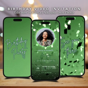 Custom Animated Birthday Party Invitation Video Green Sparkling Confetti Birthday Dinner Invite Editable Template Digital Invite Green Party