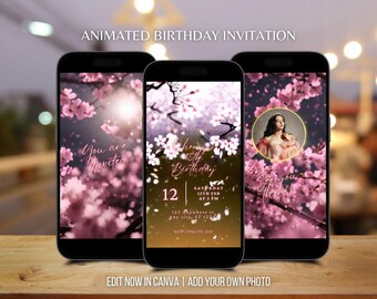 Custom Animated Cherry Blossom Birthday Invitation Video Gold Pink Sakura Flowers Birthday Editable Template Invite Floral Digital Invite