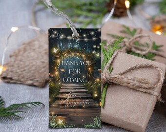May include: A thank you tag with a whimsical forest scene featuring a wooden path, glowing lights, and butterflies. The text reads "Thank you for coming Love Margarita".