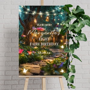 Cartel de bienvenida para fiesta de cumpleaños con diseño de bosque mágico, caballete para jardín de hadas, plantilla editable de bosque encantado, póster para decoración de fiesta, cartel de bienvenida