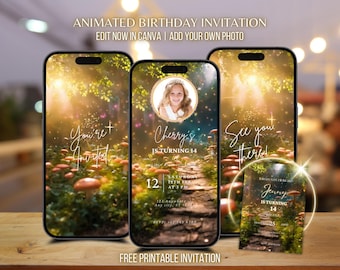 Aangepaste geanimeerde Fantasyland-verjaardagsuitnodiging video Fairy Garden Enchanted Forest bewerkbare sjabloon magische digitale verjaardagsuitnodiging