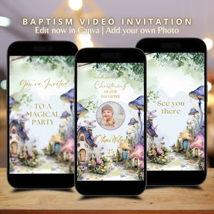 Video di invito animato per la casa delle fate con fiori selvatici Boho, invito per la festa del battesimo delle fate, invito per la foresta incantata, invito per il giardino delle fate delle principesse