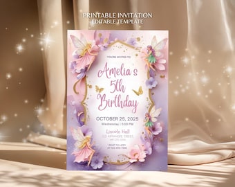 Purple Birthday Party Printable Invitation Lilac Fairy Birthday Invitation Purple Pink Printable Invite Digital Download
