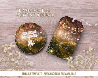 May include: A printable thank you tag and round sticker with a whimsical forest scene. The tag features the text "Thank you for coming" and "Love Margarita". The sticker features the text "Thank you for coming".
