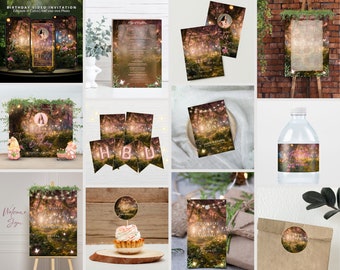 Op de afbeelding: Een set van 12 printbare, zelf bewerkbare sjablonen voor een betoverd bos verjaardagsfeestje. De sjablonen omvatten een welkomstbord, een verjaardagsbanner, een bord voor de cadeautafel, een cupcaketopper, een waterfleslabel, een label voor een cadeautasje en een video-uitnodiging. De sjablonen tonen een sprookjesachtig boslandschap met gloeiende lichten, vlinders en een fee.