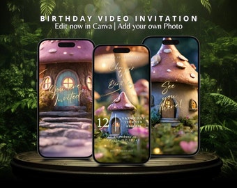 Aangepaste geanimeerde betoverde paddenstoel Fairy Garden-verjaardagsuitnodiging video Magical Mushroom Fairy House bewerkbare sjabloon uitnodiging voor kinderen